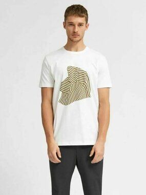 SELECTED HOMME White Graphic Printed 100% Cotton Crew Neck T-Shirt, Size S